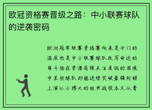 欧冠资格赛晋级之路：中小联赛球队的逆袭密码