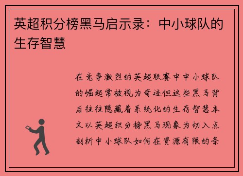英超积分榜黑马启示录：中小球队的生存智慧
