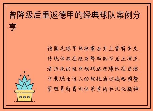 曾降级后重返德甲的经典球队案例分享