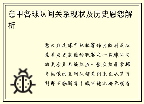 意甲各球队间关系现状及历史恩怨解析